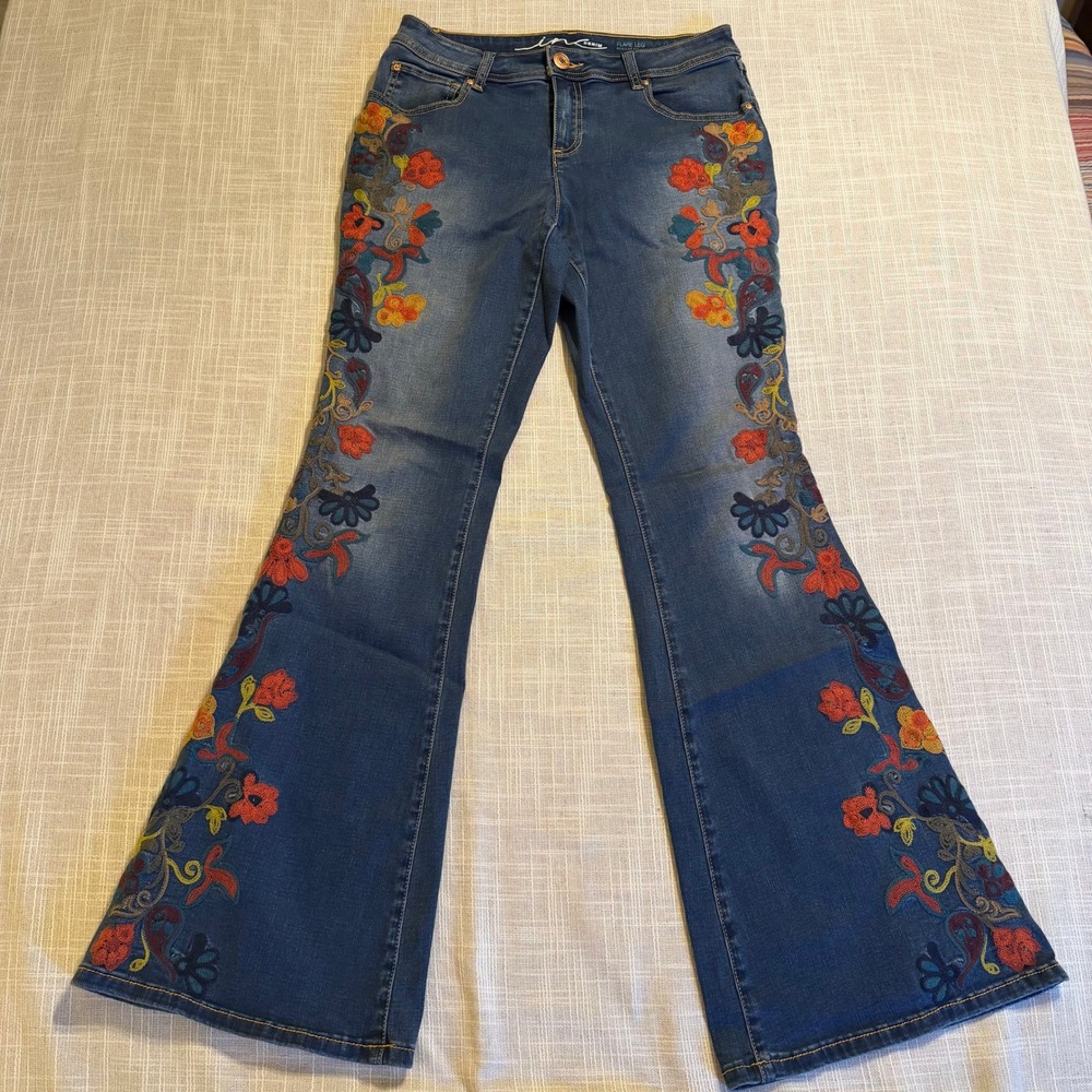 INC International Concepts Womens Floral Embroidered Flare Leg Jeans Blue Size 8